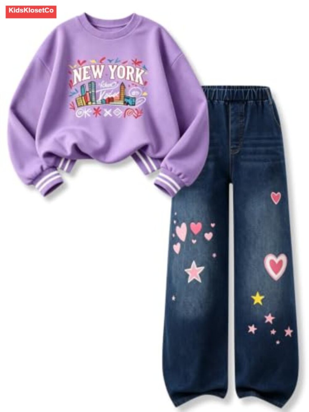 Girls 2 Piece Outfit Cropped Sweatshirt Wide Leg Jeans Pant Set
